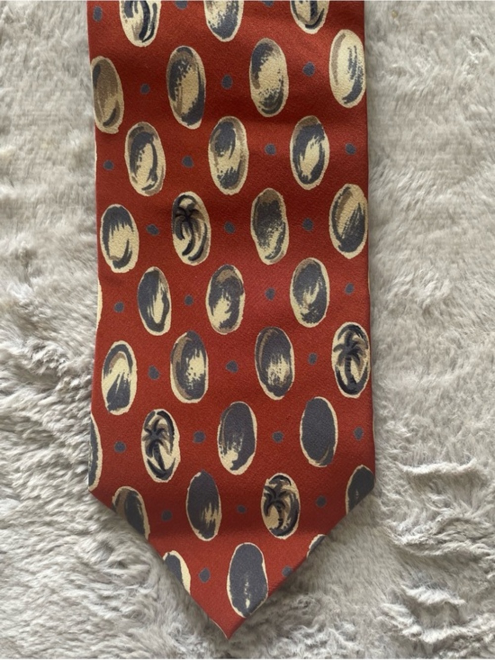 Yukiko Rust Red Silk Tie with Navy and Cream Oval Motifs